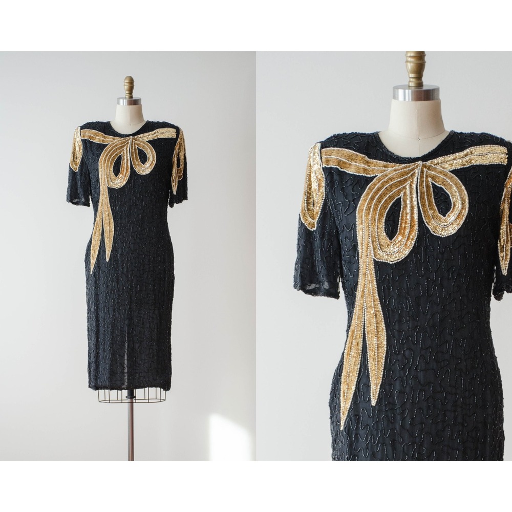 black party dress 80s vtg Carina silk‎ beaded sequined gold bow dress
